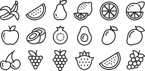black and white fruit line art vector set ai eps png jpeg with stylized fruit icons for design