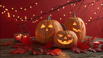 Halloween scary pumpkins glowing jack o lantern on black background spooky atmosphere minimal template for advertising flyer poster banner branding with copy space free for company logo or text art