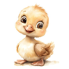 Cute baby duck with adorable features and playful expressions. Animal character with smiling face and big eyes. Watercolor illustration isolated on transparent background.