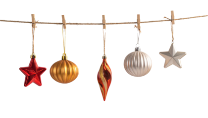 Christmas ornaments hanging on string with clothespins
