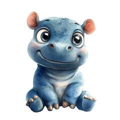 Cute baby hippopotamus in sitting position with adorable features and playful expressions. Animal character with smiling face and big eyes. Watercolor illustration isolated on transparent background.