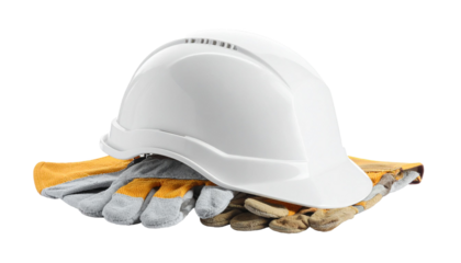 White safety hard hat and work gloves on transparent background