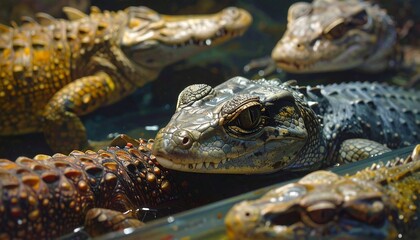 Close-up of multiple crocodiles submerged in water, showing detailed skin
