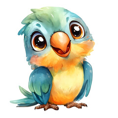 Cute baby macaw with adorable features and playful expressions. Bird character with smiling face and big eyes. Watercolor illustration isolated on transparent background.