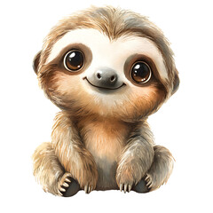 Cute baby sloth in a sitting position with adorable features and playful expressions. Animal character with smiling face and big eyes. Watercolor illustration isolated on transparent background.