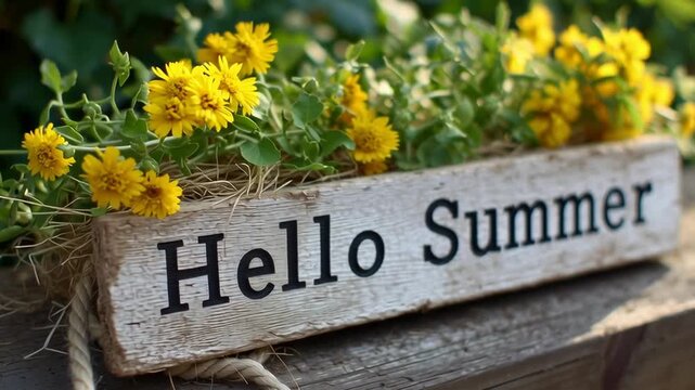 A wooden sign with yellow flowers and the words "Hello Summer" written on it. The sign is placed on a wooden bench