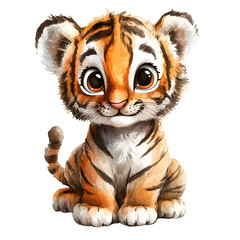 Cute baby tiger in a sitting position with adorable features and playful expressions. Animal character with smiling face and big eyes. Watercolor illustration isolated on transparent background.