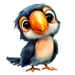 Cute baby toucan with adorable features and playful expressions. Bird character with smiling face and big eyes. Watercolor illustration isolated on transparent background.