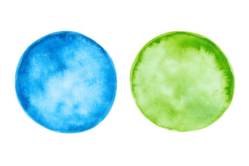 Blue and green swashes, round blots, with smooth edges, isolated on transparent background. Watercolor illustration mockup collection. PNG, cutout.