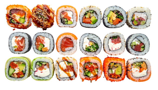 Assortment of fresh japanese maki sushi rolls
