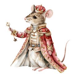 Traditional mouse rat king character from vintage fairy tale nutcracker. Festive christmas watercolor illustration clipart isolated on transparent background. PNG, cutout.