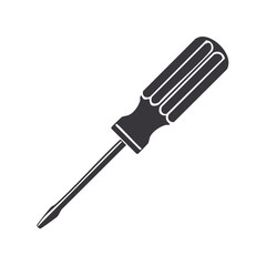 Black and white image of a flat head screwdriver with a black handle for repair and construction projects.