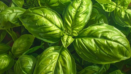 Close-up of vibrant green basil leaves with water droplets detail, healthy plant