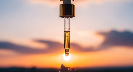 Sunset Serum Dropper, Nature Beauty Ritual, Outdoor Setting, Photography, Tranquil Environment, Close-up View, Wellness Concept