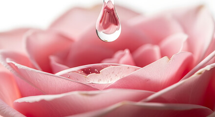 Water Droplet on Pink Rose Petal in Nature's Beauty, Macro Photography, Serene Environment