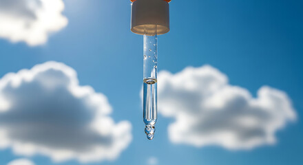 Dropper with Liquid against Blue Sky and Clouds, Photography, Outdoor, Close-Up View, Nature Exploration
