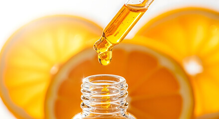 Captivating Close-Up of Orange Essential Oil Dropper Over Citrus Slices in Bright, Inviting Setting