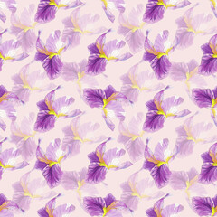 Seamless pattern of irises. Watercolor handmade illustration. For packaging design, cards, cover, prints, product labels and fabric. 