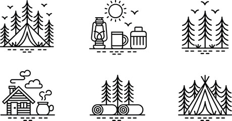Camping line art, forest tent, cabin sketch, outdoor adventure, nature illustration, teepee drawing, sleeping bag, wilderness scene, black white