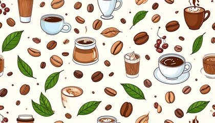 Coffee Beans, Coffee Cups and Leaves, Seamless Pattern Design Illustration