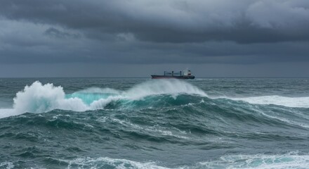 Fototapeta premium Cargo ship sails on rough seas near wave crests under a cloudy sky. A dramatic seascape showing nature's power. Maritime transport, coastal resilience, stormy weather.
