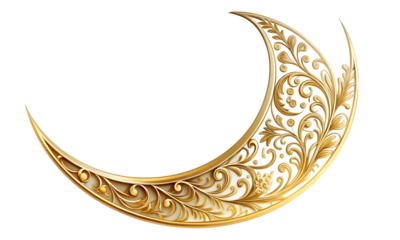 Golden crescent moon isolated on transparent background, a symbol of islam, with intricate floral patterns and elegant design for festive celebrations