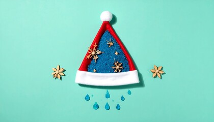 Christmas Hat Decorated with Snowflakes and Water Droplets on Green Background