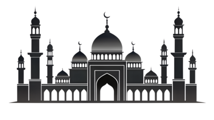 Mosque silhouette isolated on transparent background, a place of worship for muslims, featuring domes, minarets, and traditional islamic architecture