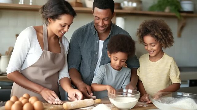 A diverse family enjoying a cultural baking workshop, sharing authentic moments of togetherness, blending family recipes with smart kitchen tools, diverse families, authentic momen