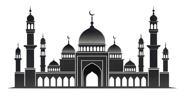 Mosque silhouette isolated on transparent background, a place of worship for muslims, featuring domes, minarets, and traditional islamic architecture