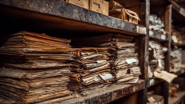 Vintage archive library wooden shelves filled with old yellowed documents papers historical storage system	
