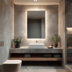 Minimalist, Modern bathroom interior, Interior design of a modern bathroom with a large mirror.
