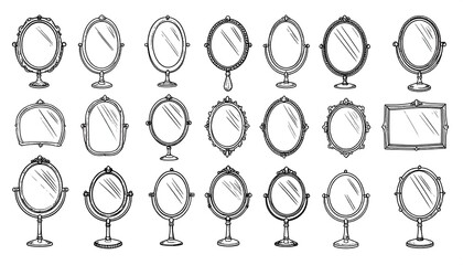 Collection of Hand-drawn Mirrors in Various Styles: Black and White Illustrations