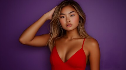 Stunning Asian Woman in Red Dress Purple Background Portrait