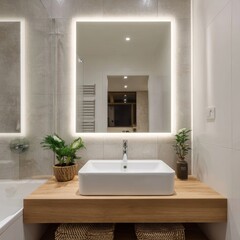 Minimalist, Modern bathroom interior, Interior design of a modern bathroom with a large mirror.
