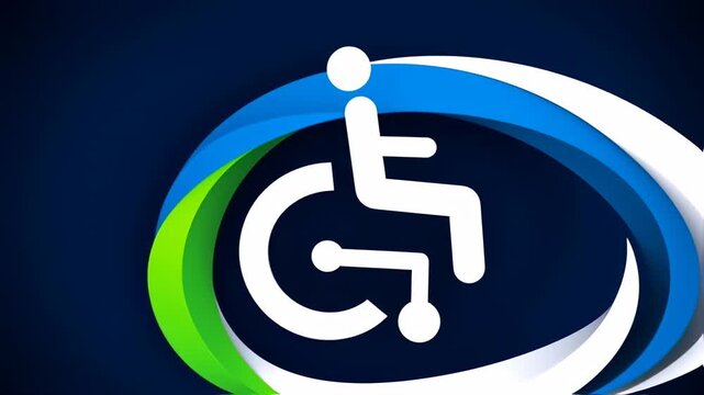A disability symbol, in white, within a blue, green, and white abstract design