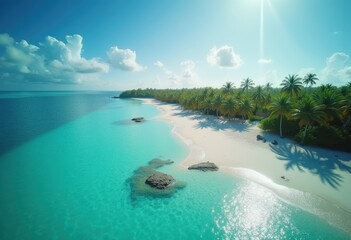 Fototapeta premium Aerial View of Pristine Tropical Beaches with Luminous Water, Soft Sands, and Green Canopies Under Blue Skies