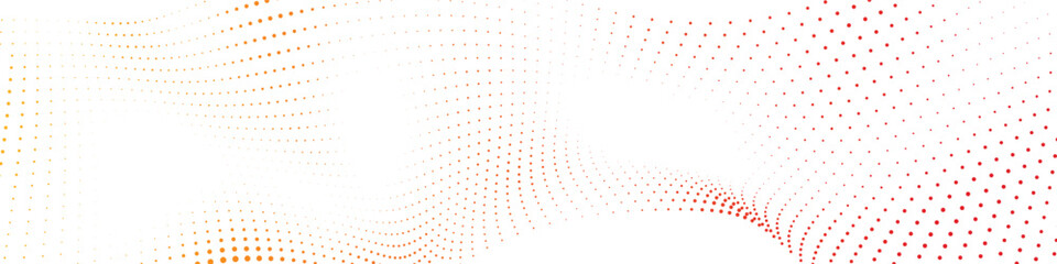 Vibrant dynamic orange to red dot pattern creating an intricate abstract wave on a pristine white backdrop a captivating digital artwork showcasing lively movement and modern design