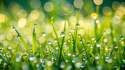 A serene closeup of lush green grass adorned with sparkling water droplets, capturing the tranquil beauty of a dewy morning in nature