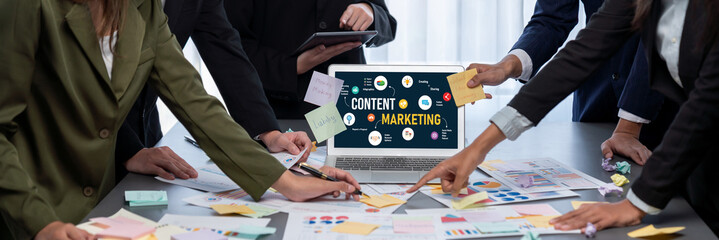 Analyst team use sticky note for creative and analytic brainstorm for business idea with BI data dashboard on laptop screen. Analysis financial data visualization tech for marketing strategy. Prodigy