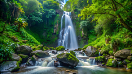 Obraz premium A lush waterfall cascading down mosscovered rocks, surrounded by vibrant green foliage, creating a serene and picturesque scene in the forest