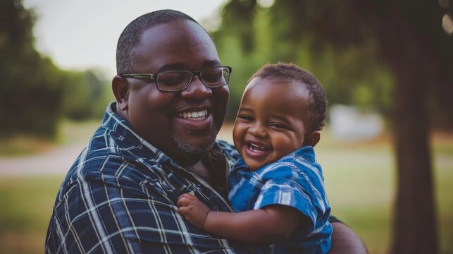 A man is holding a baby and both of them are smiling. Scene is happy and joyful