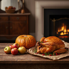 Roasted turkey on craft paper with pumpkin and apples on wooden table by fireplace