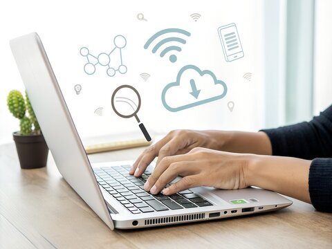 Hands typing on laptop with cloud, wifi, mobile, and search icons. Concept of online technology, cloud computing, and digital data transfer. Modern workspace with internet connection illustration. - Powered by Adobe