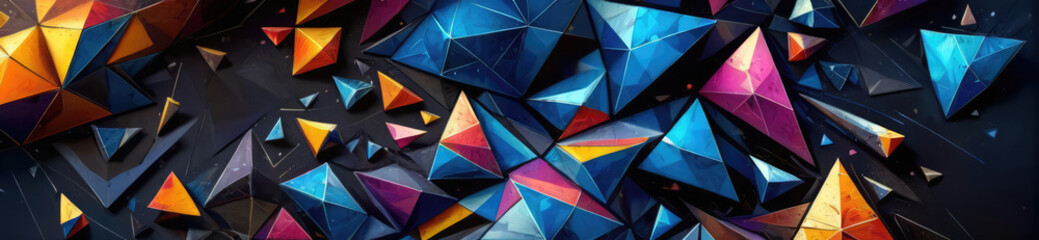 Vibrant abstract crystal pyramids and faceted gems in a dynamic deep space. A background of multicolored triangles.