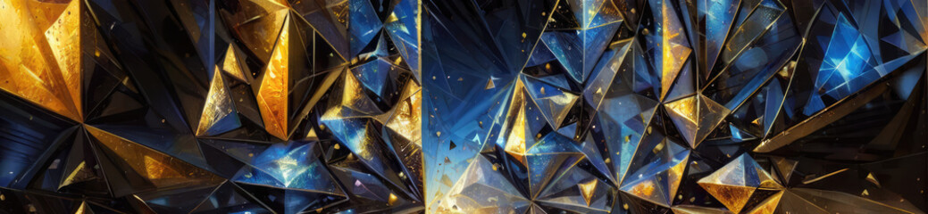 Abstract dark blue and gold geometric background with sparkling jewel facets and stars. A background of multicolored triangles.