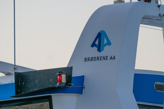 Gothenburg, Sweden - July 18 2024: close-up of ferry with "br?drene aa" logo and navigation light.