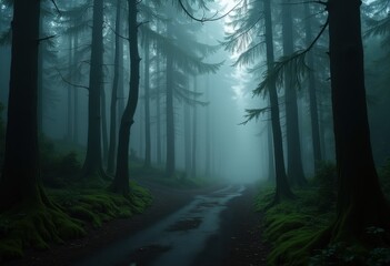 Fototapeta premium Eerie Fog Envelops Ancient Forest Trail Mysterious Atmosphere Wilderness Natural Light