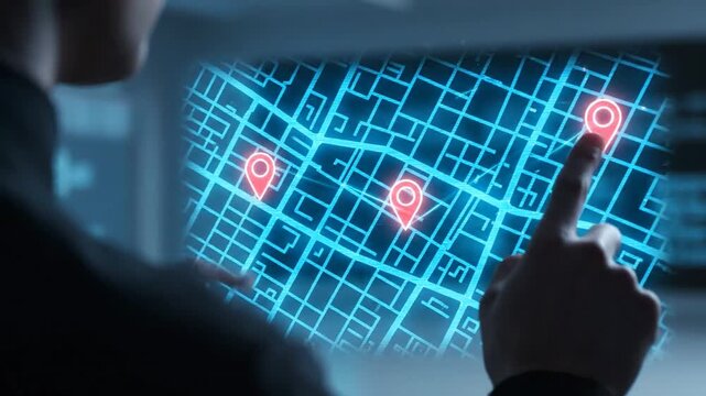 Person tapping a holographic map with a glowing red marker, neon city grid with soft lighting, multi destination trip, trip coordination, multi trip