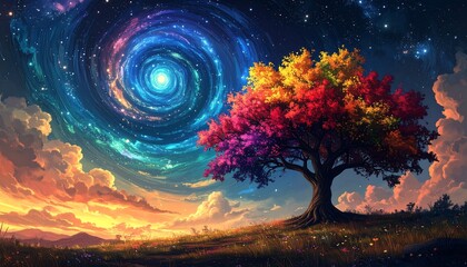 Colorful Tree Against a Vibrant Swirling Nebula in a Dreamy Landscape